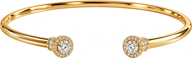 Open gold cuff bracelet with two round halo-stone ends