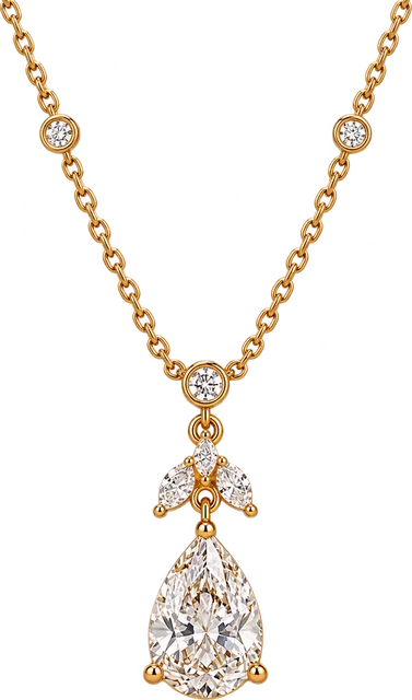Gold necklace with a pear-shaped pendant and leaf-like stone cluster